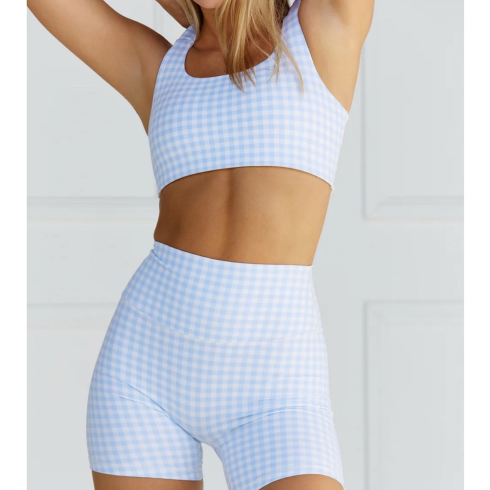 Blue and White Gingham Sports Bra and Shorts Set - ASTORIA ACTIVEWEAR